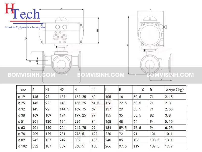 Cấu tạo và các kích thước của van bi vi sinh điều khiển khí nén