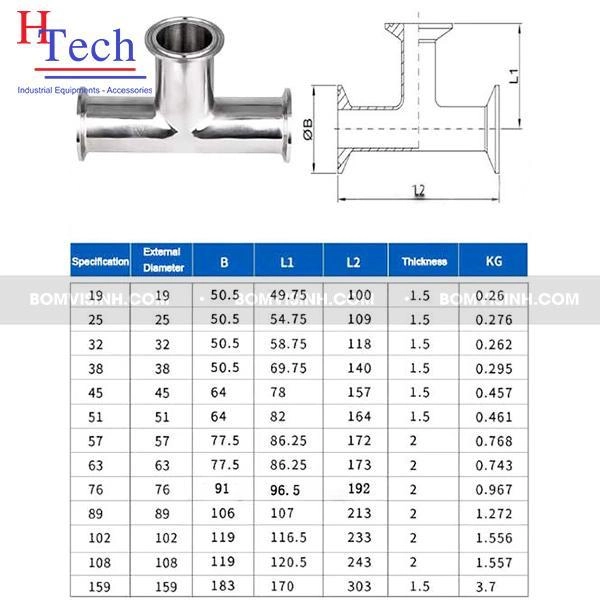 Thông số tê đều clamp vi sinh