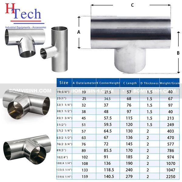 thông số tê đều hàn vi sinh Carten Pipe